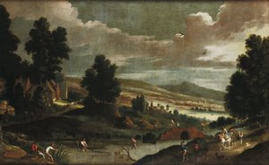 Krajina s poutníky a rybáři od Cornelis de Wael