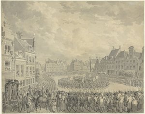 Přísaha rady komisařů střeleckými důstojníky na Neude v Utrechtu, 1786 od Cornelis van Cuylenburgh (II) (signed by artist)