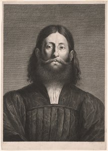Portrét vousatého muže (tzv. Giorgioneho portrét), z Kabinetu Reynst; Variarum imaginum a celeberrimis artificibus pictarum Caelaturae (Kabinet Reynst: Rytiny různých obrazů namalovaných slavnými umělci) od Cornelis van Dalen II