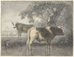 Dvě krávy pod stromem u vody od Cornelis van Noorde
