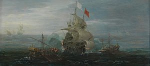 Francouzská loď a barbarští piráti, asi 1615 (olej na dubové desce) od Cornelius Bol