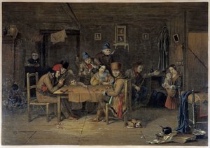 Francouzští osadníci v Kanadě hrají karty - obraz od Krieghoffa