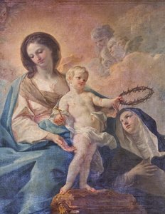 Kostel SS Salvatore, interiér, Růžencový oltář, Panna Maria Růžencová, plátno Corrado Giaquinto (1703-1766), detail, Poggiardo, Lecce, Apulie (foto) od Corrado Giaquinto
