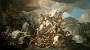 Legendární bitva u Clavija, ve které asturský král Ramiro I. (791-850) porazil s pomocí apoštola svatého Jakuba v roce 845 muslimy, skica podle obrazu v kupoli královského paláce v Madridu (olej na plátně)