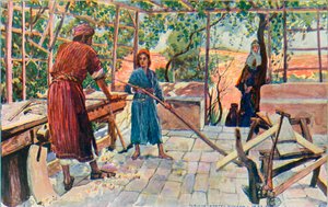 Ježíš pracuje doma s Josefem a Marií