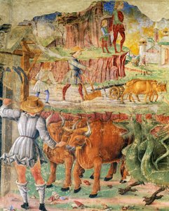 Zemědělský obraz, detail z Triumph of Ceres, scéna z měsíce srpna, cca 1470, připisována Cosimu Turovi a mistru Ercole, freska, severní stěna, Síň měsíců, Palazzo Schifanoia (Palác radosti), Ferrara, Emilia- Romagna. Itálie