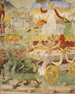 Ceresův vůz tažený draky, detail z Triumph of Ceres, scéna z měsíce srpna, připisovaná Cosimu Turovi (asi 1430-1495) a mistru Ercole, freska, severní stěna, Síň měsíců, Palazzo Schifanoia (Palác radosti) , Ferrara, Itálie, kolem roku 1470