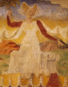Ceres s klasy v rukou, detail z Triumph of Ceres, scéna z měsíce srpna, cca 1470, připisovaná Cosimo Tura a Master of Ercole, freska, severní stěna, Hall of Months, Palazzo Schifanoia, Ferrara, Emilia- Romagna, Itálie