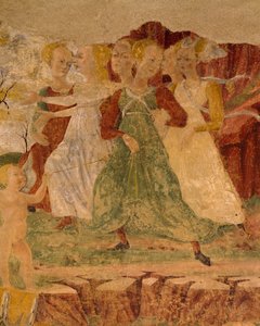 Zoufalství služebných z Proserpiny, detail z Triumph of Ceres, scéna z měsíce srpna, připisovaná Cosimu Turovi a mistru Ercole, freska, severní stěna, Síň měsíců, Palazzo Schifanoia (Palác radosti), Ferrara, Itálie, kolem roku 1470