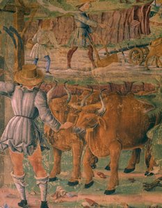 Obrázky života na venkově, detail z Triumph of Ceres, scéna z měsíce srpna, připisovaná Cosimo Tura (asi 1430-1495) a Master of Ercole, freska, severní stěna, Hall of Months, Palazzo Schifanoia (Palác radosti), Ferrara , Itálie, kolem roku 1470