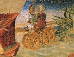 Znásilnění Proserpiny, detail z Triumph of Ceres, scéna z měsíce srpna, připisovaná Cosimo Tura (asi 1430-1495) a Master of Ercole, freska, severní stěna, Hall of Months, Palazzo Schifanoia (Palác radosti), Ferrara, Itálie, kolem roku 1470