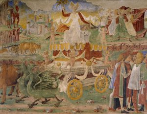 Triumph of Ceres, scéna z měsíce srpna, připisovaná Cosimo Tura (asi 1430-1495) a Master of Ercole, freska, severní stěna, Hall of Months, Palazzo Schifanoia (Palác radosti), Ferrara, Detail, Itálie, asi 1470