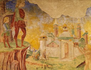 Triumph of Ceres, scéna z měsíce srpna, připisovaná Cosimo Tura (asi 1430-1495) a Master of Ercole, freska, severní stěna, Hall of Months, Palazzo Schifanoia (Palác radosti), Ferrara, Detail, Itálie, asi 1470