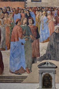 Skupina novoplatónských humanistů“ (zleva Marsilio Ficino, Giovanni Pico della Mirandola a Agnolo Poliziano): detail „Zázraku svátosti“, freska (freska)