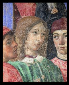 Průvod biskupa před kostelem S. Ambrogio, detail fresky Poliziano 1454-94 Pico della Mirandola 1463-94 a Marsilio Ficino 1433-99 1468