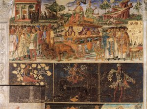 Triumf Jupitera a Kybely a znamení lva, výjevy z měsíce července, freska, severní stěna, Síň měsíců, Palazzo Schifanoia (Palác radosti), Ferrara, Itálie, cca 1470