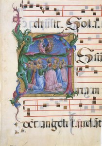 Rukopisná iluminace s Nanebevzetím Panny Marie v iniciále A..., 1450-60.