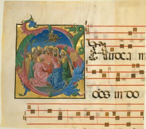 Iluminace rukopisu s Nanebevzetím Panny Marie v iniciále G, 1450-60.
