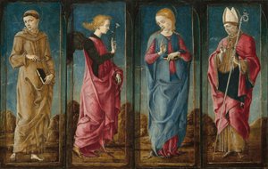 Zvěstování se svatým Františkem a svatým Ludvíkem z Toulouse [čtyři panely], c. 14701480. od Cosmè Tura