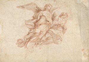 Dva andělé létající, verso: Bůh otec sedící v oblacích a skica létající postavy, c1720