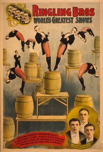 Ringling Bros, největší světová představení bratři Raschettovi, skvělí voltižéři v saltech, c. 1900 od Courier Company Lith.