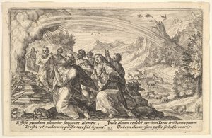 Bůh uzavírá smlouvu s Noem: vedle kouřící hranice Noe klečí v gestu p..., 1612.