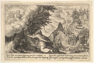 Noe klečící před Bohem nalevo, stavba archy probíhá za ní, ze série..., 1612.