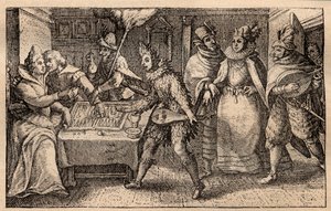 Vrhcáby s procházejícími hráči - holandská mědirytina; ze souboru tisků, Hortus Voluptatem, od Crispina de Passe (1550-1643) - Pár hrající vrhcáby překvapený pěti mužskými maskami rytina Crispin de Passe l