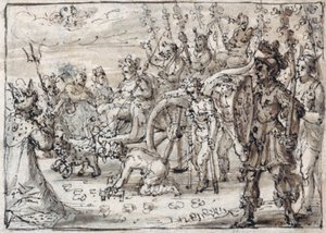 Triumfální vstup indického Bakcha do Théb (pero a hnědý inkoust s hnědým praním na papíře) od Crispin I de Passe