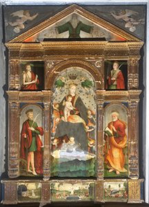Korunovaná Madona s dítětem a anděly, svatý Pavel, svatý Petr od Cristoforo (fl.1525 1578) & Pancalino Raffaele (fl.1514 1573) Pancalino