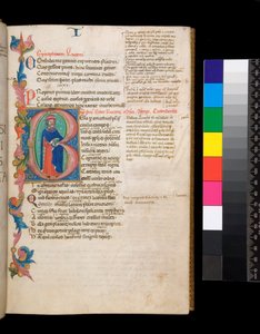 Ms 325. Lucan, Bellum Civile a další díla, f.10r. Iluminovaná iniciála [B], obývá celovečerní autorský portrét, zasahující do částečného okraje listů, cca 1400-10 (pergamen)