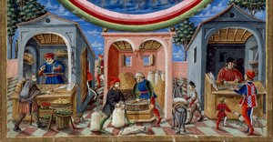 Detail obchodníků prodávajících různé předměty: vlevo obchodník s ovocem a zeleninou, uprostřed mlynář formující obilí (Miniatura, cca 1470)
