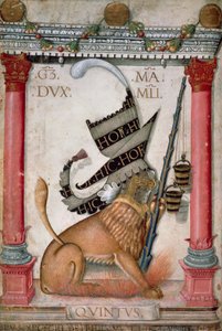 Heraldický symbol zobrazující erb se lvem, jiskry a vědra Galeazzo Maria Sforza, Iluminovaná strana od Cristofora de Predis z Kodexu Nového zákona, varia 124, Itálie 1475. od Cristoforo De Predis