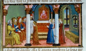 Iluminace zobrazující Marii skládající slib panenství v Codexu De Predis od Cristoforo De Predis