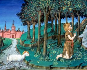 Jan Křtitel se modlí u bran města (c.143v). 1476 od Cristoforo De Predis