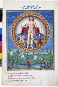 Merkur se znameními zvěrokruhu Panny Marie a Gemelů. Dole rolníci pracující na polích. Miniatura od Cristofora de Predis (v. 1440-v. 1486) - v „“ De Sphaera“““ d