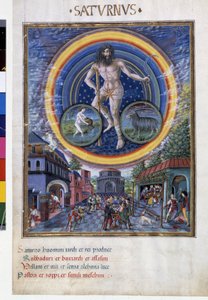 Saturn se znameními Vodnáře a Kozoroha. Dole, herní scény a její vliv na muže. Miniatura od Cristofora de Predis (v. 1440-v. 1486) - v „“ De Sphaera“““ d