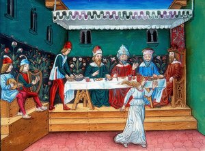 Během Herodovy hostiny předává Salome hlavu Janovi (asi 144r). 1476 od Cristoforo De Predis