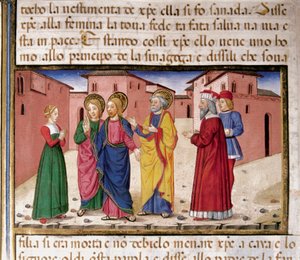 Ježíš oslovuje ženu vinnou z cizoložství Miniatura od Cristofora De Predise (1440-1486) po Dějinách Nového zákona (fol. 61) od Cristoforo De Predis