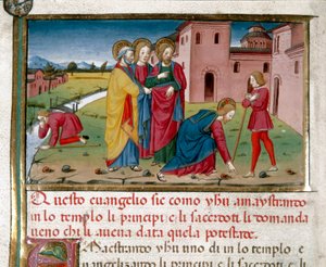 Ježíš dává zrak slepému od narození Miniatura od Cristofora De Predise (1440-1486) po Dějinách Nového zákona (fol. 7) od Cristoforo De Predis