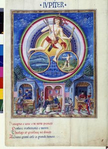 Jupiter se znameními zvěrokruhu ryb a Střelce. Dole obchodníci prodávající různé předměty. Miniatura od Cristofora de Predis (v. 1440-v. 1486) - v „“ De Sphaera“““ d