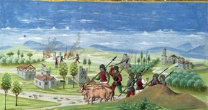 Drancování za války. detail „“ Vliv slunce „“: Válka. Miniatura od Cristofora de Predis (v. 1440-v. 1486) - v „“ De Sphaera“““ d
