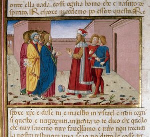 Farizeus Nikodéma navštěvuje miniaturu Ježíše od Cristofora De Predise (1440-1486) po Dějinách Nového zákona (fol. 58) od Cristoforo De Predis