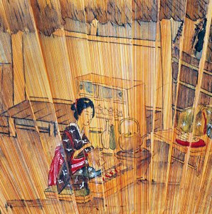 Oboustranný vějíř s lamelami z lakovaného dřeva a záštitou znázorňující přípravu čaje od Culture Edo