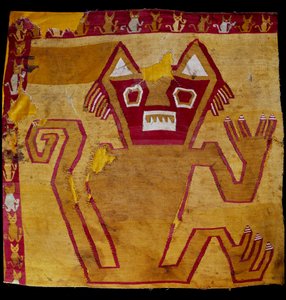 Předkolumbovské umění, civilizace Nazca: fragment látky se zoomorfním znázorněním. 100 př. n. l. – 800 n. l. Goteborg, etnografické muzeum