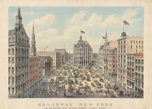 Broadway, New York: Z budovy telegrafu Western Union při pohledu na sever od Currier and Ives