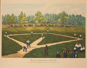 Americká národní hra baseballu, cca 1866. od Currier and Ives.