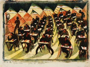 Zkušební místnost, c. 1934 (linoryt vytištěn v barvách na tenkém Japonsku)