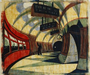 Stanice metra, kolem roku 1932 (linoryt vytištěný v barvách na hedvábném papíru Japonsko)