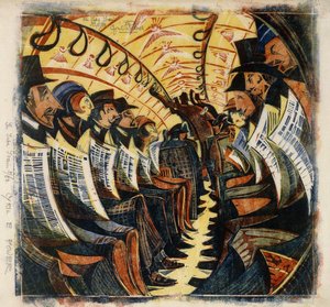 The Tube Train, cca 1930 (linoryt tištěný v barvách na papírovém papíru)